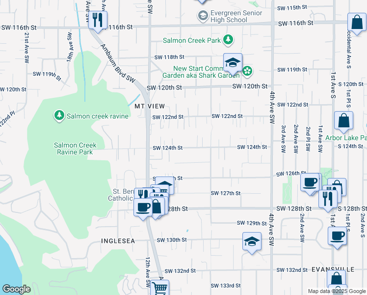 map of restaurants, bars, coffee shops, grocery stores, and more near 1000 Southwest 125th Street in Seattle