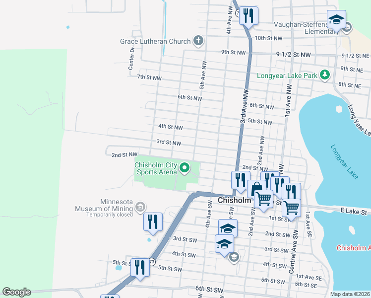 map of restaurants, bars, coffee shops, grocery stores, and more near 203 5th Avenue Northwest in Chisholm