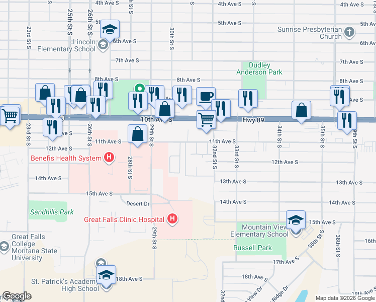 map of restaurants, bars, coffee shops, grocery stores, and more near 1200 32nd Street South in Great Falls