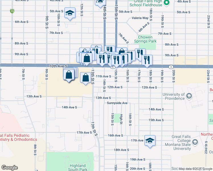 map of restaurants, bars, coffee shops, grocery stores, and more near 1117 14th Street South in Great Falls
