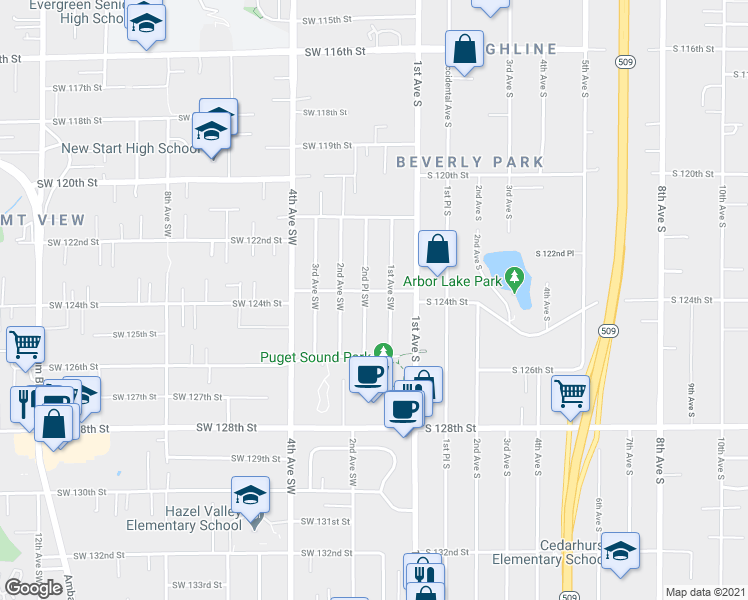 map of restaurants, bars, coffee shops, grocery stores, and more near 12438 2nd Place Southwest in Seattle