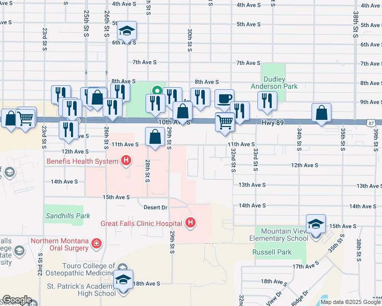 map of restaurants, bars, coffee shops, grocery stores, and more near 3000 11th Avenue South in Great Falls
