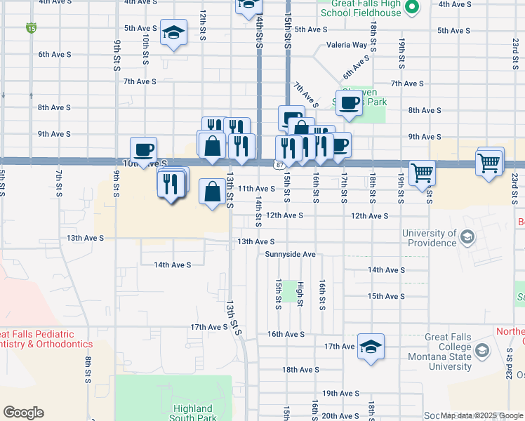 map of restaurants, bars, coffee shops, grocery stores, and more near 1326 12th Avenue South in Great Falls