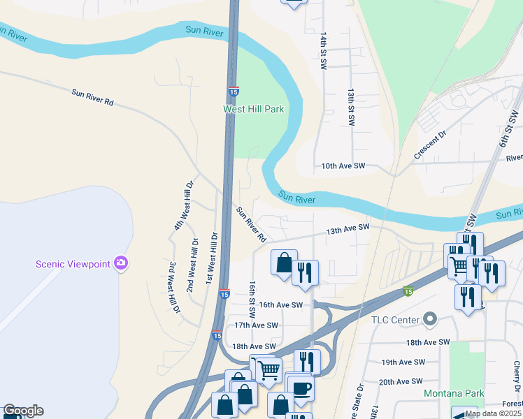 map of restaurants, bars, coffee shops, grocery stores, and more near 1501 13th Avenue Southwest in Great Falls
