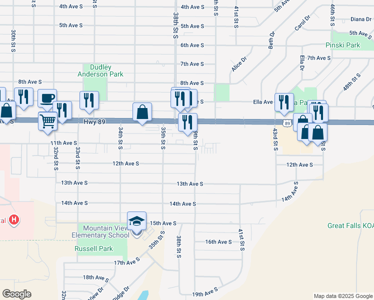 map of restaurants, bars, coffee shops, grocery stores, and more near 3800 10th Avenue South in Great Falls