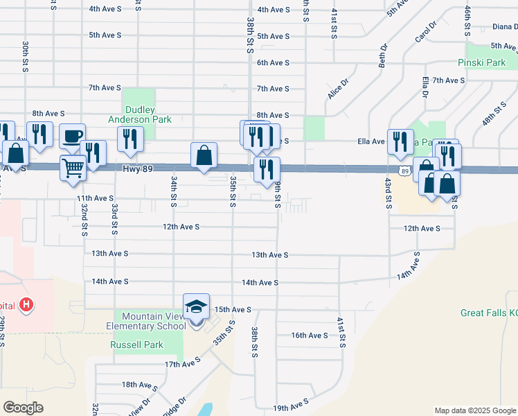 map of restaurants, bars, coffee shops, grocery stores, and more near 3509 11th Avenue South in Great Falls