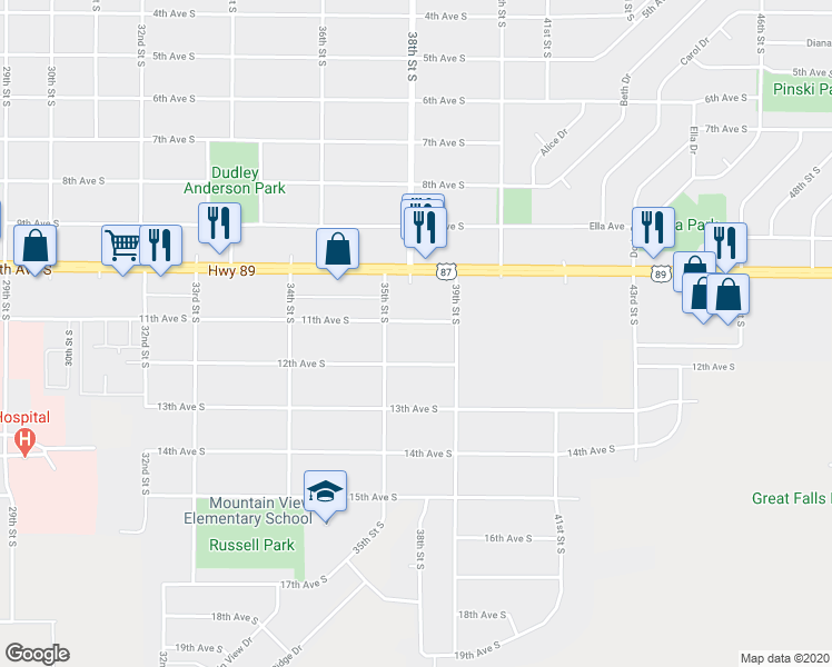 map of restaurants, bars, coffee shops, grocery stores, and more near 3509 11th Avenue South in Great Falls