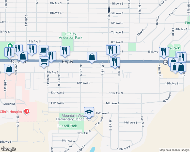 map of restaurants, bars, coffee shops, grocery stores, and more near 3433 11th Avenue South in Great Falls