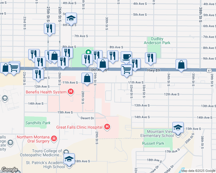 map of restaurants, bars, coffee shops, grocery stores, and more near 3029 10th Avenue South in Great Falls