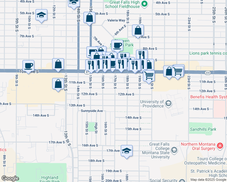 map of restaurants, bars, coffee shops, grocery stores, and more near 1618 11th Avenue South in Great Falls