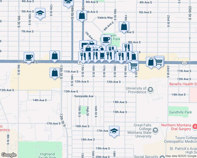 map of restaurants, bars, coffee shops, grocery stores, and more near 1618 11th Avenue South in Great Falls