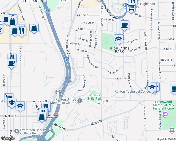 map of restaurants, bars, coffee shops, grocery stores, and more near 650 Blaine Avenue Northeast in Renton