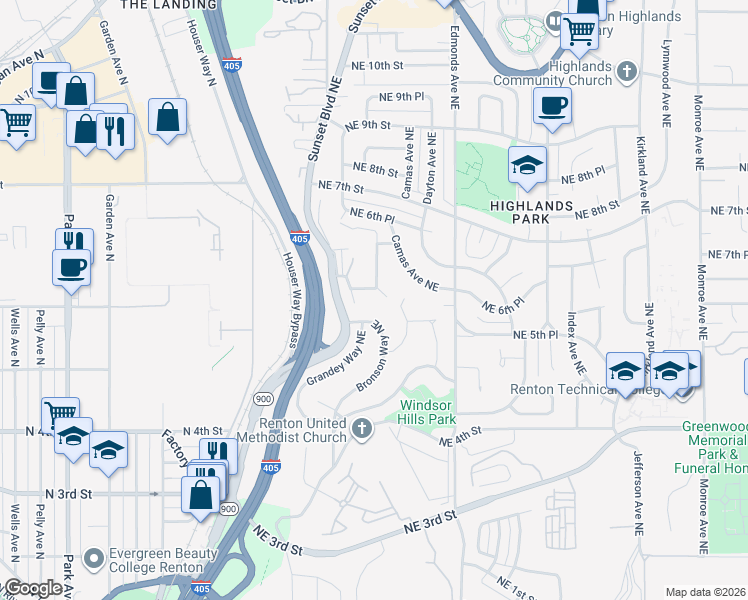 map of restaurants, bars, coffee shops, grocery stores, and more near 650 Blaine Avenue Northeast in Renton