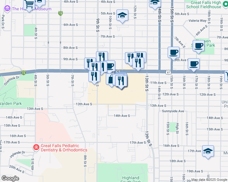 map of restaurants, bars, coffee shops, grocery stores, and more near 1200 10th Avenue South in Great Falls