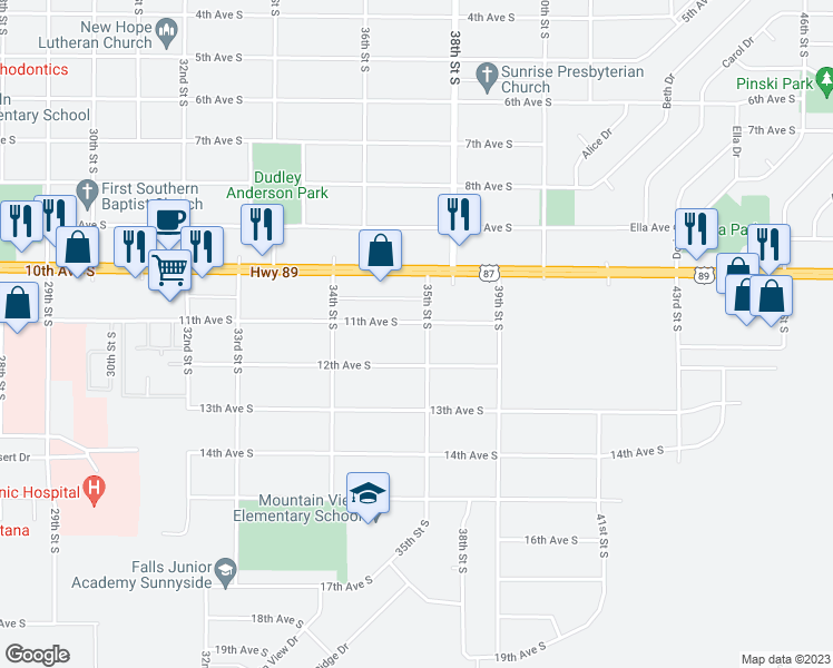 map of restaurants, bars, coffee shops, grocery stores, and more near 1104 35th Street South in Great Falls