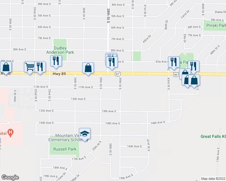 map of restaurants, bars, coffee shops, grocery stores, and more near 3524 11th Avenue South in Great Falls