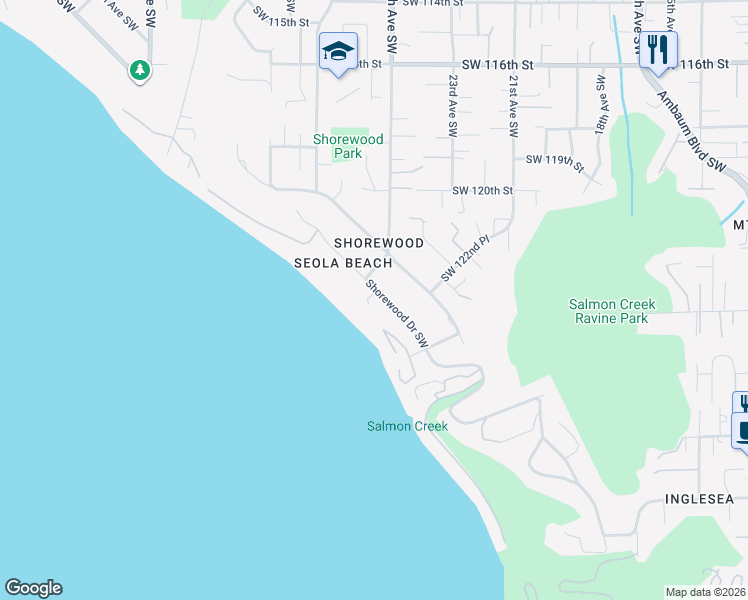 map of restaurants, bars, coffee shops, grocery stores, and more near 12203 Shorewood Drive Southwest in Burien