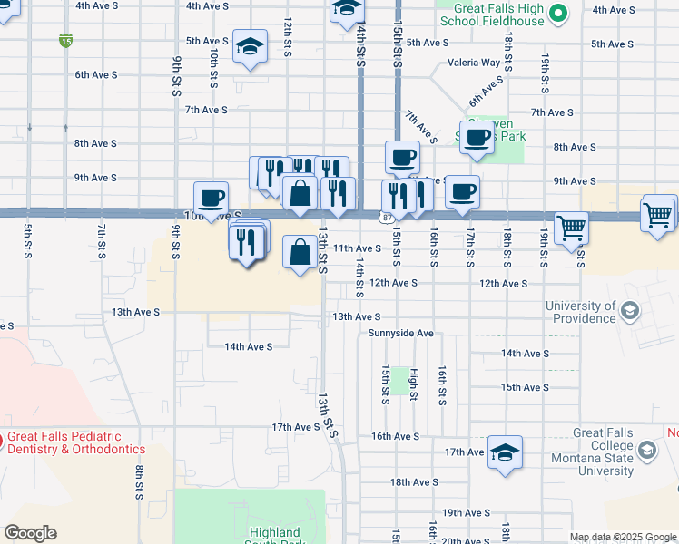 map of restaurants, bars, coffee shops, grocery stores, and more near 1101 13th Street South in Great Falls