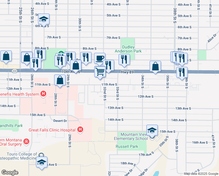 map of restaurants, bars, coffee shops, grocery stores, and more near 3225 11th Avenue South in Great Falls