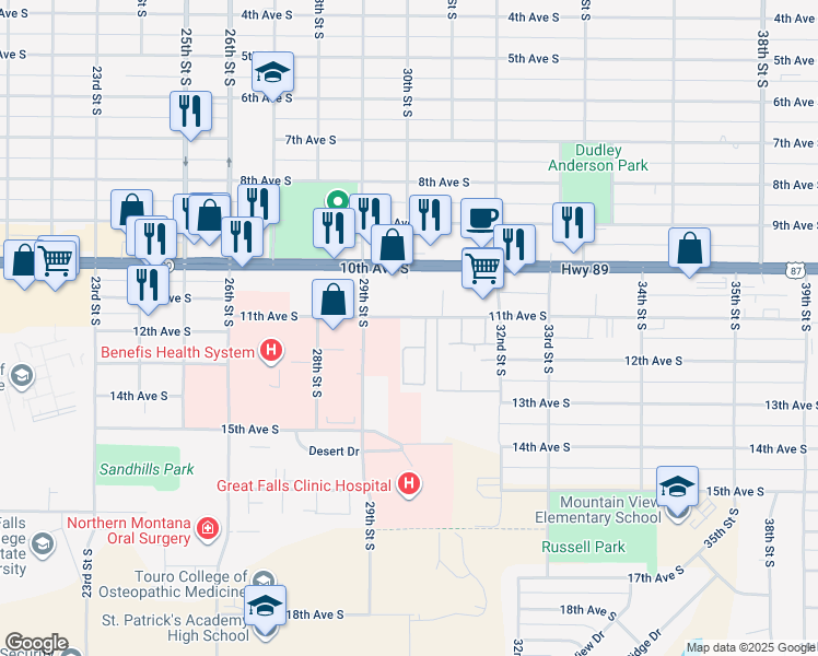 map of restaurants, bars, coffee shops, grocery stores, and more near 3000 11th Avenue South in Great Falls