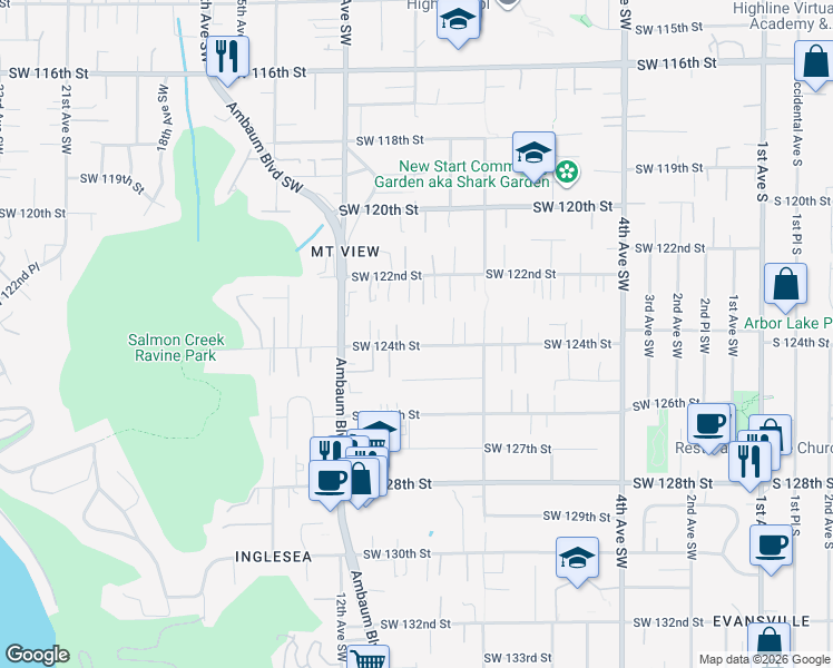 map of restaurants, bars, coffee shops, grocery stores, and more near 923 Southwest 122nd Street in Seattle