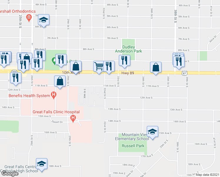 map of restaurants, bars, coffee shops, grocery stores, and more near 3225 11th Avenue South in Great Falls
