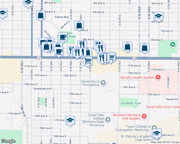 map of restaurants, bars, coffee shops, grocery stores, and more near 1926 11th Avenue South in Great Falls
