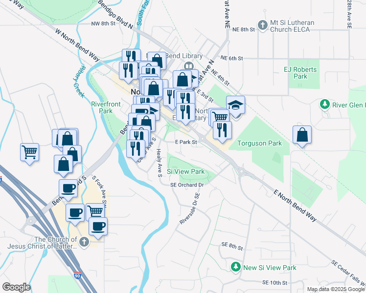 map of restaurants, bars, coffee shops, grocery stores, and more near 324 East Park Street in North Bend