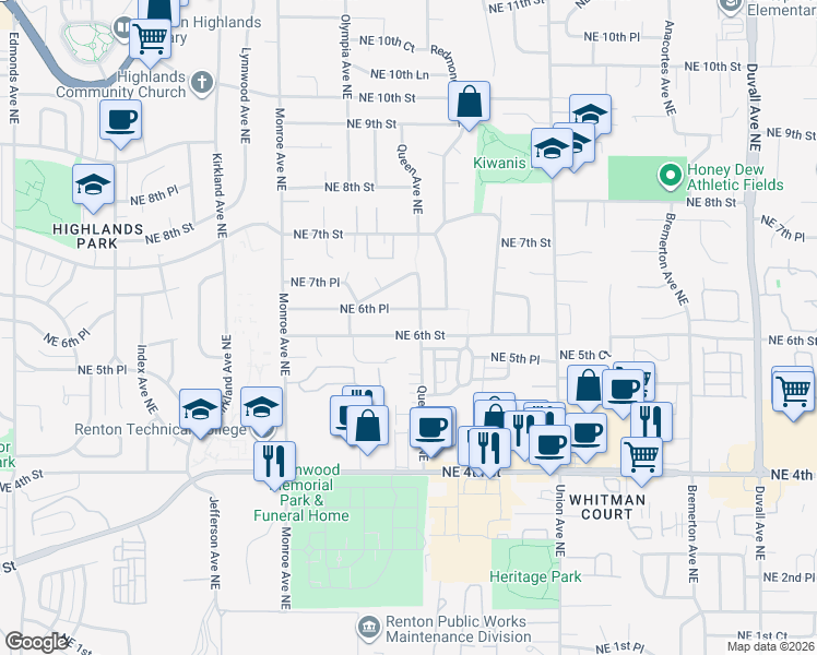 map of restaurants, bars, coffee shops, grocery stores, and more near 3606 Northeast 6th Place in Renton