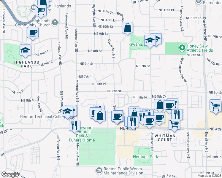 map of restaurants, bars, coffee shops, grocery stores, and more near 3606 Northeast 6th Place in Renton