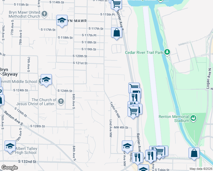 map of restaurants, bars, coffee shops, grocery stores, and more near 662 Stevens Avenue Northwest in Renton