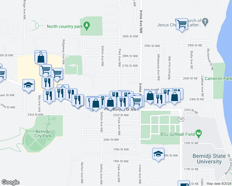map of restaurants, bars, coffee shops, grocery stores, and more near 2527 Park Avenue Northwest in Bemidji
