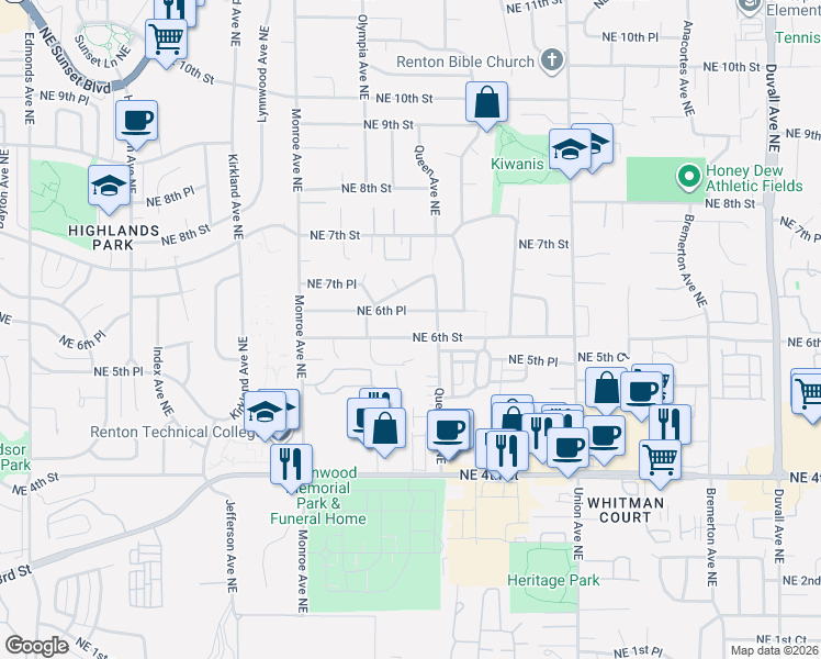 map of restaurants, bars, coffee shops, grocery stores, and more near 3610 Northeast 6th Street in Renton