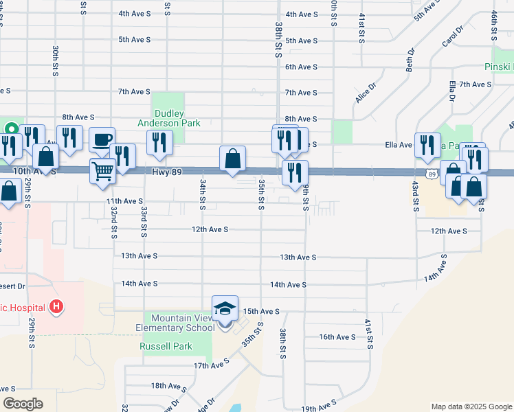 map of restaurants, bars, coffee shops, grocery stores, and more near 1020 35th Street South in Great Falls