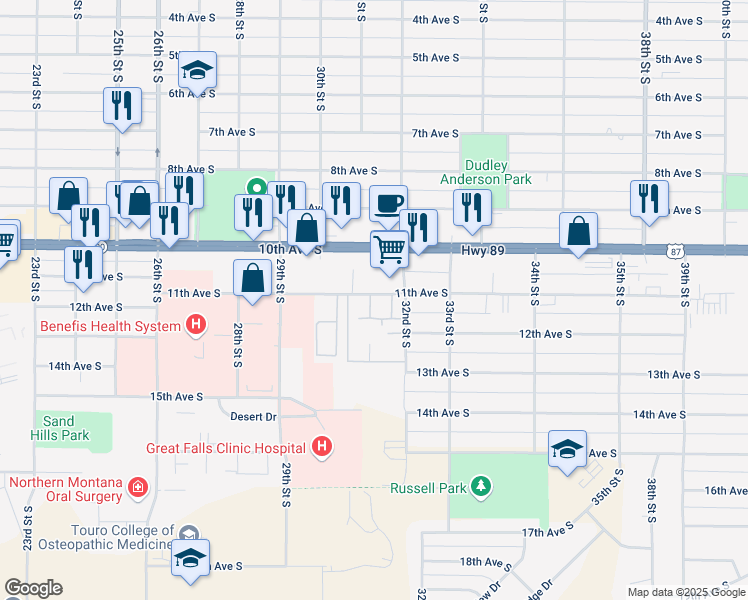 map of restaurants, bars, coffee shops, grocery stores, and more near 3040 10th Avenue South in Great Falls