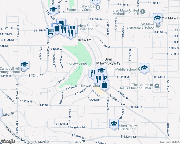 map of restaurants, bars, coffee shops, grocery stores, and more near in Bryn Mawr-Skyway