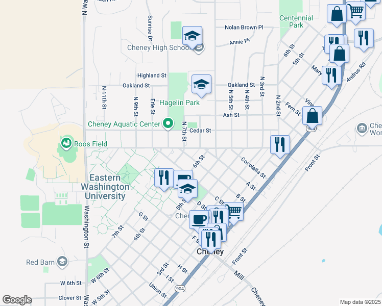map of restaurants, bars, coffee shops, grocery stores, and more near in Cheney