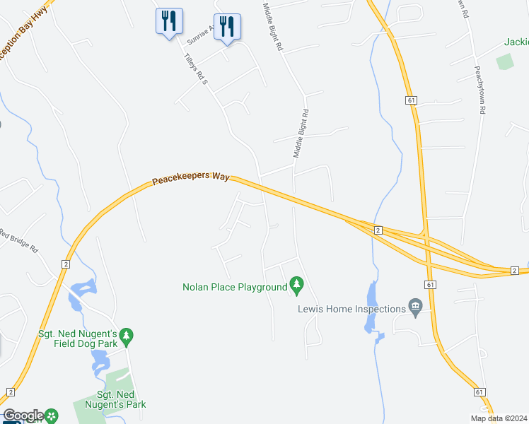 map of restaurants, bars, coffee shops, grocery stores, and more near 184 Tilleys Road South in Conception Bay South