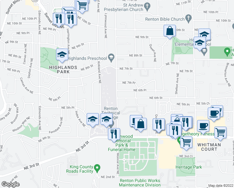 map of restaurants, bars, coffee shops, grocery stores, and more near 602 Monroe Ave NE in Renton