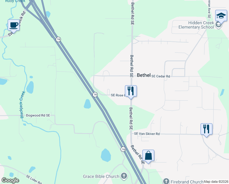 map of restaurants, bars, coffee shops, grocery stores, and more near 1417 Southeast Rose Road in Port Orchard