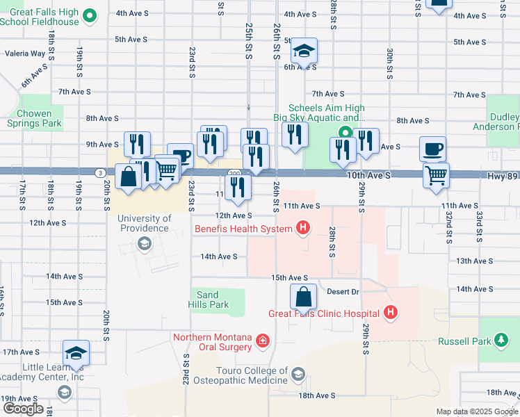 map of restaurants, bars, coffee shops, grocery stores, and more near 2500 11th Avenue South in Great Falls