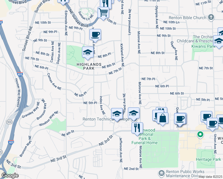 map of restaurants, bars, coffee shops, grocery stores, and more near 651 Index Place Northeast in Renton