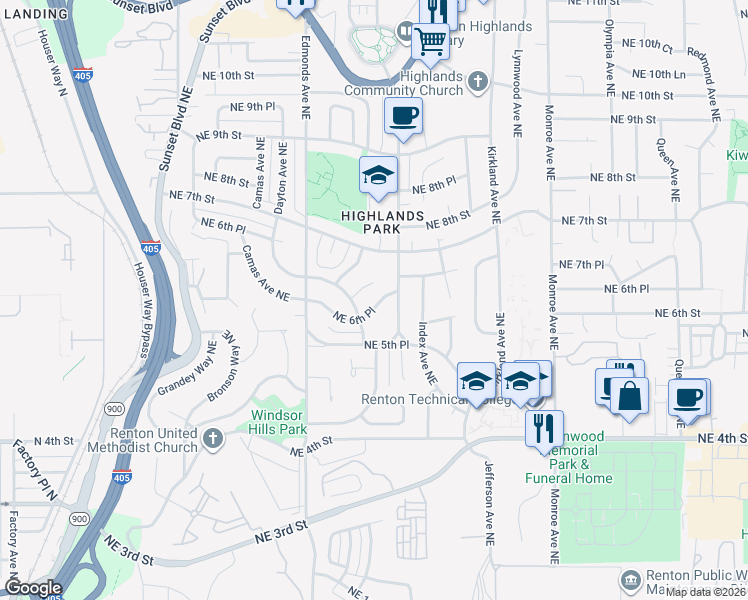 map of restaurants, bars, coffee shops, grocery stores, and more near 640 Glennwood Court Northeast in Renton