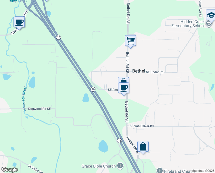 map of restaurants, bars, coffee shops, grocery stores, and more near 1417 Southeast Rose Road in Port Orchard