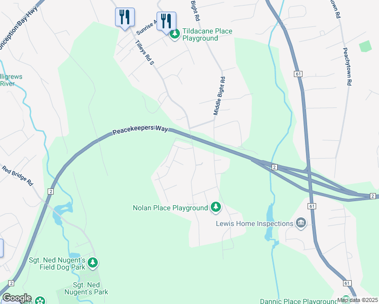 map of restaurants, bars, coffee shops, grocery stores, and more near 182 Tilleys Road South in Conception Bay South