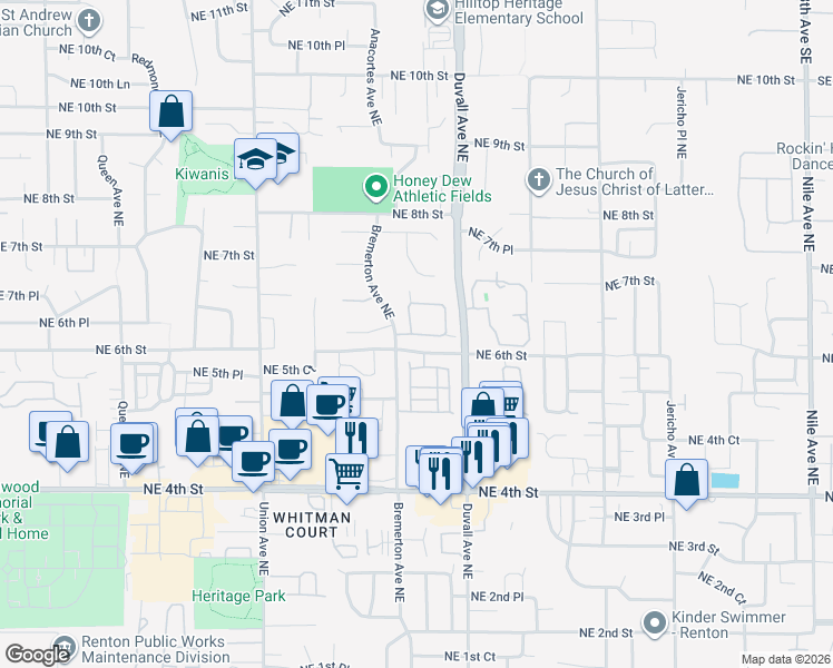map of restaurants, bars, coffee shops, grocery stores, and more near 605 Bremerton Place Northeast in Renton