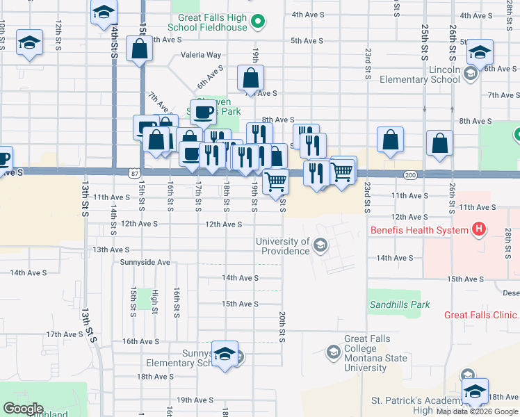 map of restaurants, bars, coffee shops, grocery stores, and more near 1900 11th Avenue South in Great Falls