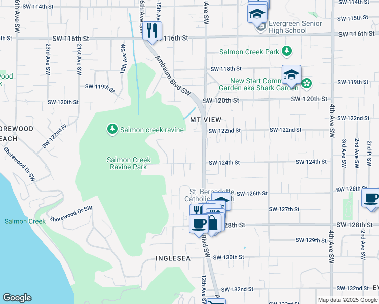 map of restaurants, bars, coffee shops, grocery stores, and more near 1224 Southwest 124th Street in Burien