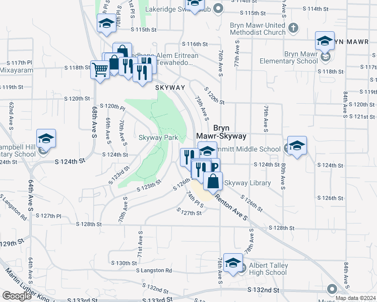 map of restaurants, bars, coffee shops, grocery stores, and more near in Bryn Mawr-Skyway
