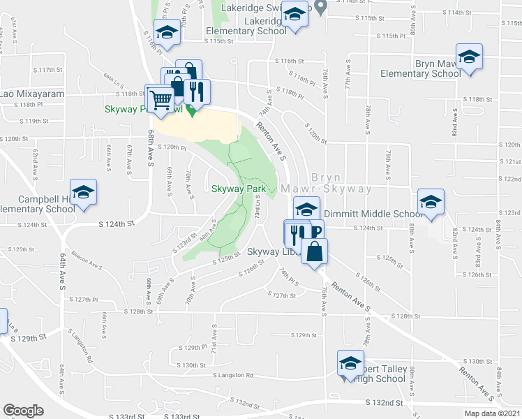 map of restaurants, bars, coffee shops, grocery stores, and more near 12415 73rd Lane South in Seattle